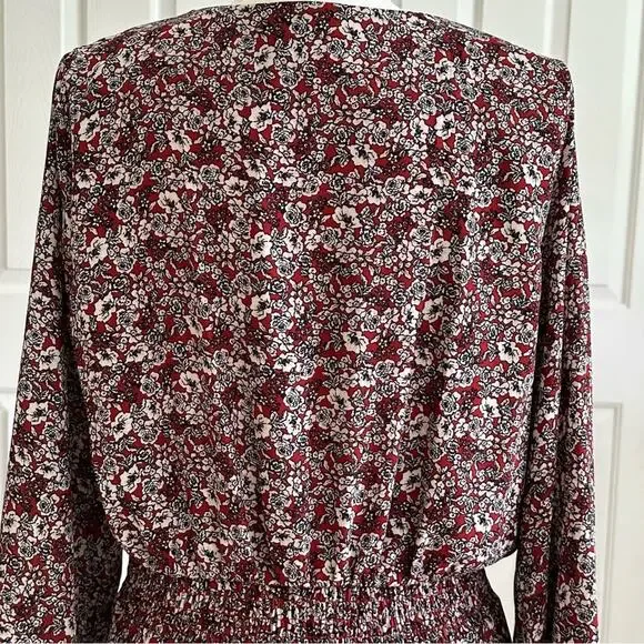 Nine Britton Dress Annika Red Burgundy Floral V-Neck Long Sleeve Tiered Large - Picture 6 of 13